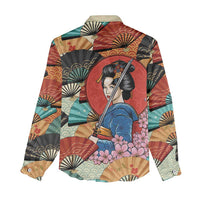 Japanese Geisha Katana Women Casual Shirt Japan Sensu Seigaiha Pattern - Polynesian Pride