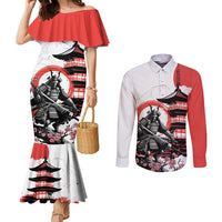 Japanese Samurai Warrior Enso Couples Matching Mermaid Dress and Long Sleeve Button Shirt Japan Pagoda Sakura Watercolor - Polynesian Pride
