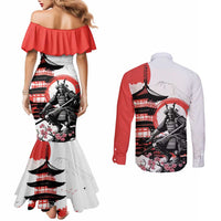 Japanese Samurai Warrior Enso Couples Matching Mermaid Dress and Long Sleeve Button Shirt Japan Pagoda Sakura Watercolor - Polynesian Pride