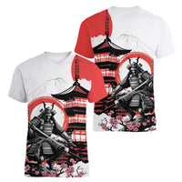 Japanese Samurai Warrior Enso Women V-Neck T-Shirt Japan Pagoda Sakura Watercolor - Polynesian Pride