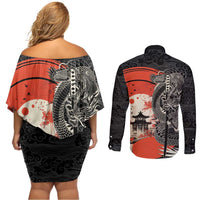 Japanese Dragon Katana Enso Couples Matching Off Shoulder Short Dress and Long Sleeve Button Shirt Japan Pagoda Seamless Cloud - Polynesian Pride