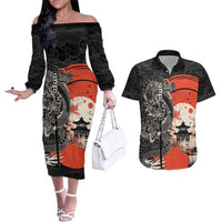 Japanese Dragon Katana Enso Couples Matching Off The Shoulder Long Sleeve Dress and Hawaiian Shirt Japan Pagoda Seamless Cloud LT14 Black - Polynesian Pride