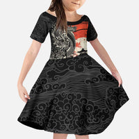 Japanese Dragon Katana Enso Family Matching Long Sleeve Bodycon Dress and Hawaiian Shirt Japan Pagoda Seamless Cloud LT14 Daughter's Dress Black - Polynesian Pride