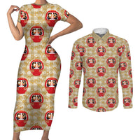 Japanese Daruma Doll Couples Matching Short Sleeve Bodycon Dress and Long Sleeve Button Shirt Palaka With Seamless Bamboo Pattern - Polynesian Pride