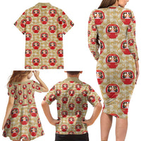 Japanese Daruma Doll Family Matching Long Sleeve Bodycon Dress and Hawaiian Shirt Palaka With Seamless Bamboo Pattern - Polynesian Pride