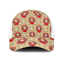 Japanese Daruma Doll Mesh Trucker Cap Palaka With Seamless Bamboo Pattern