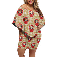 Japanese Daruma Doll Off Shoulder Short Dress Palaka With Seamless Bamboo Pattern - Polynesian Pride
