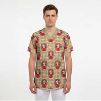 Japanese Daruma Doll Scrub Top Palaka With Seamless Bamboo Pattern - Polynesian Pride