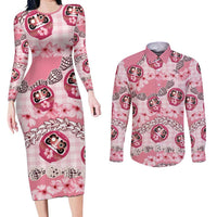 Japanese Daruma Doll Palaka Couples Matching Long Sleeve Bodycon Dress and Long Sleeve Button Shirt Cherry Blossoms With Shell Lei - Polynesian Pride