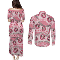 Japanese Daruma Doll Palaka Couples Matching Puletasi and Long Sleeve Button Shirt Cherry Blossoms With Shell Lei - Polynesian Pride