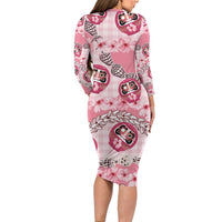 Japanese Daruma Doll Palaka Family Matching Long Sleeve Bodycon Dress and Hawaiian Shirt Cherry Blossoms With Shell Lei LT14 - Polynesian Pride