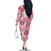 Japanese Daruma Doll Palaka Family Matching Off The Shoulder Long Sleeve Dress and Hawaiian Shirt Cherry Blossoms With Shell Lei LT14 - Polynesian Pride