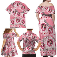 Japanese Daruma Doll Palaka Family Matching Off Shoulder Maxi Dress and Hawaiian Shirt Cherry Blossoms With Shell Lei - Polynesian Pride