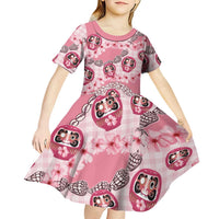 Japanese Daruma Doll Palaka Kid Short Sleeve Dress Cherry Blossoms With Shell Lei - Polynesian Pride