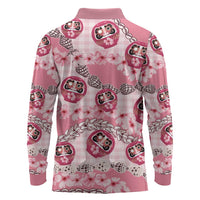 Japanese Daruma Doll Palaka Long Sleeve Polo Shirt Cherry Blossoms With Shell Lei - Polynesian Pride