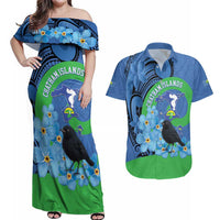 New Zealand Chatham Islands Couples Matching Off Shoulder Maxi Dress and Hawaiian Shirt Wharekauri Forget Me Not With Black Robin LT14 Blue - Polynesian Pride