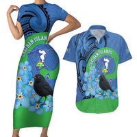 New Zealand Chatham Islands Couples Matching Short Sleeve Bodycon Dress and Hawaiian Shirt Wharekauri Forget Me Not With Black Robin LT14 Blue - Polynesian Pride