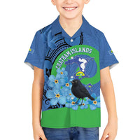 New Zealand Chatham Islands Family Matching Off Shoulder Maxi Dress and Hawaiian Shirt Wharekauri Forget Me Not With Black Robin LT14 Son's Shirt Blue - Polynesian Pride