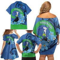 New Zealand Chatham Islands Family Matching Off Shoulder Short Dress and Hawaiian Shirt Wharekauri Forget Me Not With Black Robin LT14 - Polynesian Pride