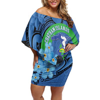 New Zealand Chatham Islands Family Matching Off Shoulder Short Dress and Hawaiian Shirt Wharekauri Forget Me Not With Black Robin LT14 Mom's Dress Blue - Polynesian Pride