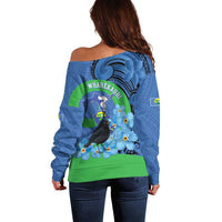 New Zealand Chatham Islands Off Shoulder Sweater Wharekauri Forget Me Not With Black Robin LT14 - Polynesian Pride