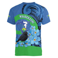 New Zealand Chatham Islands Women V-Neck T-Shirt Wharekauri Forget Me Not With Black Robin
