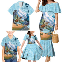 New Zealand South Island Family Matching Mermaid Dress and Hawaiian Shirt Te Waipounamu Aoraki Kea Bird LT14 - Polynesian Pride