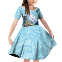 New Zealand South Island Family Matching Off Shoulder Short Dress and Hawaiian Shirt Te Waipounamu Aoraki Kea Bird LT14 Daughter's Dress Blue - Polynesian Pride