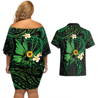 Polynesia Mental Health Awareness Couples Matching Off Shoulder Short Dress and Hawaiian Shirt Green Ribbon Be Kind To Your Mind LT14 - Polynesian Pride