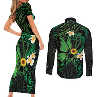 Polynesia Mental Health Awareness Couples Matching Short Sleeve Bodycon Dress and Long Sleeve Button Shirt Green Ribbon Be Kind To Your Mind LT14 - Polynesian Pride