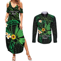 Polynesia Mental Health Awareness Couples Matching Summer Maxi Dress and Long Sleeve Button Shirt Green Ribbon Be Kind To Your Mind