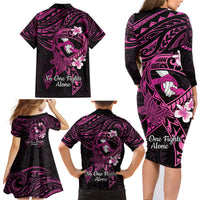 Polynesia Breast Cancer Awareness Family Matching Long Sleeve Bodycon Dress and Hawaiian Shirt Pink Ribbon No One Fights Alone - Black LT14 - Polynesian Pride