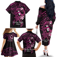 Polynesia Breast Cancer Awareness Family Matching Off The Shoulder Long Sleeve Dress and Hawaiian Shirt Pink Ribbon No One Fights Alone - Black LT14 - Polynesian Pride