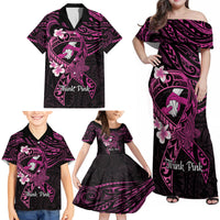 Polynesia Breast Cancer Awareness Family Matching Off Shoulder Maxi Dress and Hawaiian Shirt Pink Ribbon No One Fights Alone - Black LT14 - Polynesian Pride