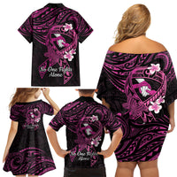 Polynesia Breast Cancer Awareness Family Matching Off Shoulder Short Dress and Hawaiian Shirt Pink Ribbon No One Fights Alone - Black LT14 - Polynesian Pride