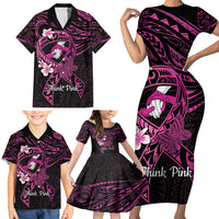 Polynesia Breast Cancer Awareness Family Matching Short Sleeve Bodycon Dress and Hawaiian Shirt Pink Ribbon No One Fights Alone - Black LT14 - Polynesian Pride