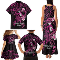 Polynesia Breast Cancer Awareness Family Matching Tank Maxi Dress and Hawaiian Shirt Pink Ribbon No One Fights Alone - Black LT14 - Polynesian Pride