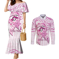 Polynesia Breast Cancer Awareness Couples Matching Mermaid Dress and Long Sleeve Button Shirt Pink Ribbon No One Fights Alone - White