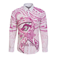 Polynesia Breast Cancer Awareness Long Sleeve Button Shirt Pink Ribbon No One Fights Alone - White
