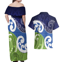 Southland New Zealand Couples Matching Off Shoulder Maxi Dress and Hawaiian Shirt Maori Koru Flag Color LT14 - Polynesian Pride
