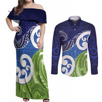 Southland New Zealand Couples Matching Off Shoulder Maxi Dress and Long Sleeve Button Shirt Maori Koru Flag Color LT14 Blue - Polynesian Pride