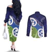 Southland New Zealand Couples Matching Off The Shoulder Long Sleeve Dress and Long Sleeve Button Shirt Maori Koru Flag Color LT14 - Polynesian Pride