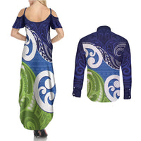 Southland New Zealand Couples Matching Summer Maxi Dress and Long Sleeve Button Shirt Maori Koru Flag Color LT14 - Polynesian Pride
