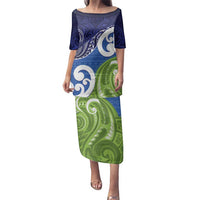 Southland New Zealand Family Matching Puletasi and Hawaiian Shirt Maori Koru Flag Color LT14 Mom's Dress Blue - Polynesian Pride