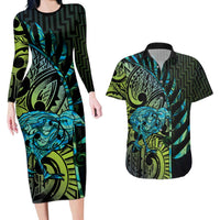 Southland Takehe Pounama Couples Matching Long Sleeve Bodycon Dress and Hawaiian Shirt Aotearoa Poutama Paua Shell Fern LT14 Black - Polynesian Pride