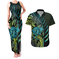 Southland Takehe Pounama Couples Matching Tank Maxi Dress and Hawaiian Shirt Aotearoa Poutama Paua Shell Fern LT14 Black - Polynesian Pride