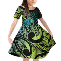 Southland Takehe Pounama Family Matching Off Shoulder Short Dress and Hawaiian Shirt Aotearoa Poutama Paua Shell Fern LT14 Daughter's Dress Black - Polynesian Pride
