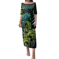 Southland Takehe Pounama Family Matching Puletasi and Hawaiian Shirt Aotearoa Poutama Paua Shell Fern LT14 Mom's Dress Black - Polynesian Pride