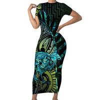 Southland Takehe Pounama Family Matching Short Sleeve Bodycon Dress and Hawaiian Shirt Aotearoa Poutama Paua Shell Fern LT14 Mom's Dress Black - Polynesian Pride