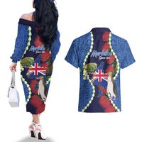 Southland Anniversary Day Couples Matching Off The Shoulder Long Sleeve Dress and Hawaiian Shirt Murihiku 1861 Maori Bird Mix Pohutukawa LT14 - Polynesian Pride